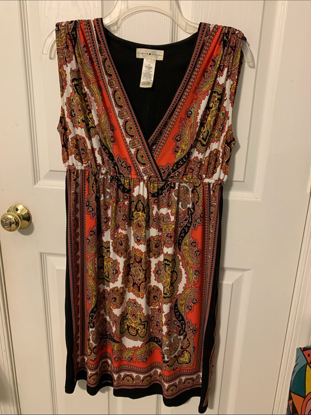 London Style Orange, Black and White Paisley Wrap-Style Mini Dress